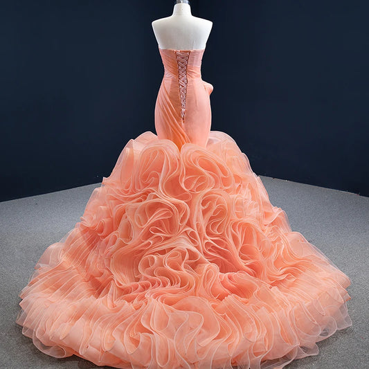 Peach Rosette Trumpet Wedding Dresses Strapless Pageant Gown 67212