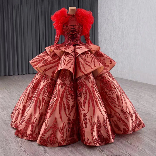 Luxury Red Muslim Sequins Ball Gown Evening Dresses