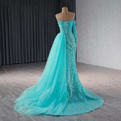 Off the Shoulder One Sleeve Beaded Sequince Mermaid Dress 241073