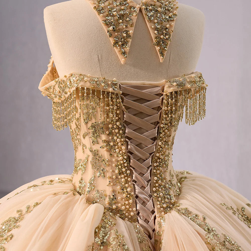 Luxury Golden Lace Long Tail Quinceanera Party Prom Dresses