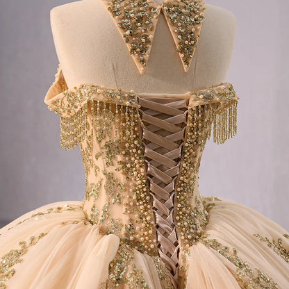 Luxury Golden Lace Long Tail Quinceanera Party Prom Dresses