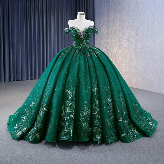 Dark Green Off the Shoulder Appliques Quinceanera Ball Gown 231113