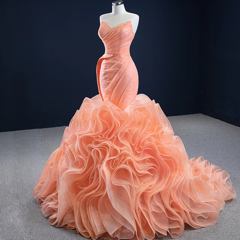 Peach Rosette Trumpet Wedding Dresses Strapless Pageant Gown 67212