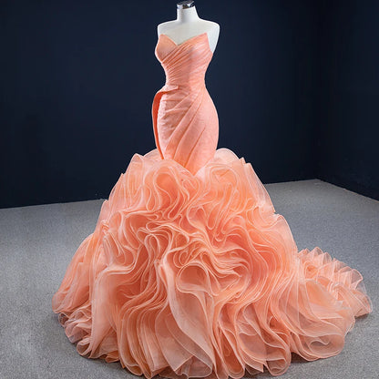 Peach Rosette Trumpet Wedding Dresses Strapless Pageant Gown 67212