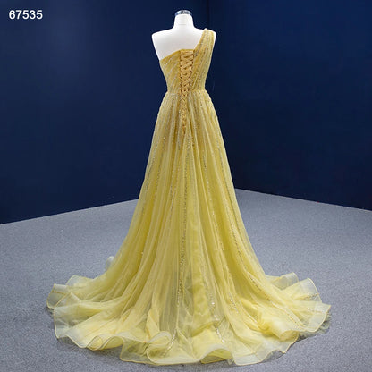 One Shoulder Yellow Prom Beaded Pageant Gown Formal Dresses 67535