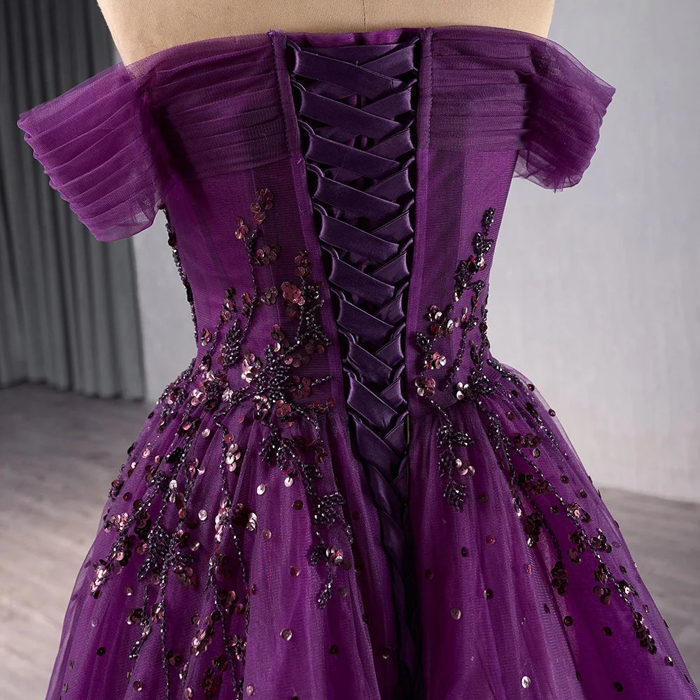 Elegant Purple Off Shoulder A-line Evening Formal Beaded Dresses