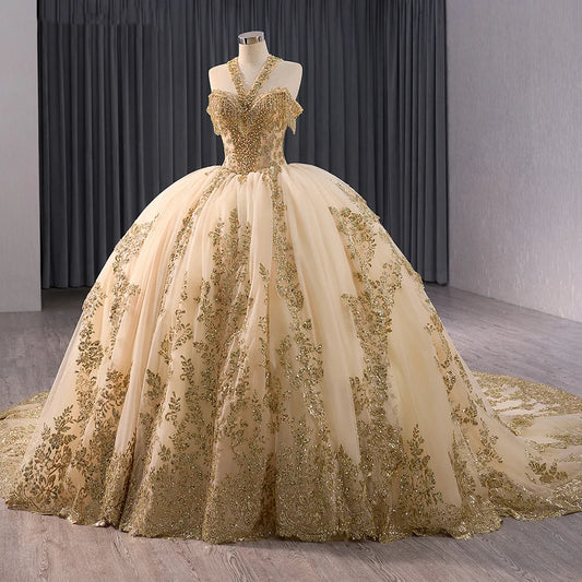 Luxury Golden Lace Long Tail Quinceanera Party Prom Dresses