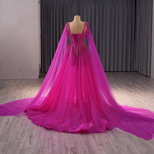 Sexy Fuchsia A-line Evening Party Dresses With Cape Sleeve
