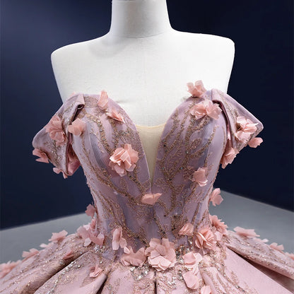 Btydress Flower Pink Off Shoulder Ball Gown Sweetheart Evening Women Dress 222160