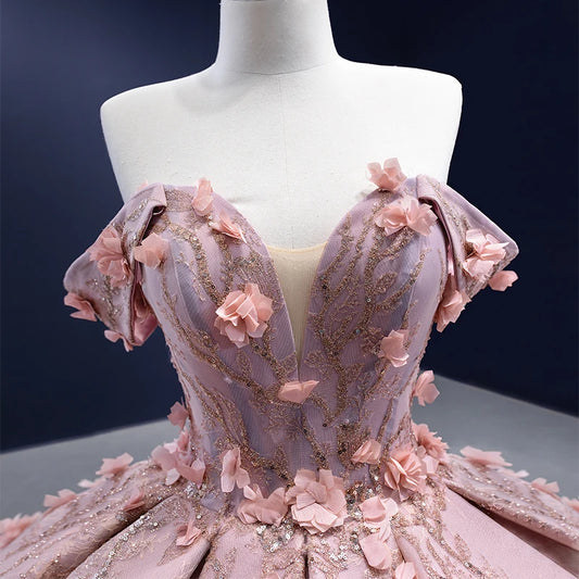 Btydress Flower Pink Off Shoulder Ball Gown Sweetheart Evening Women Dress 222160