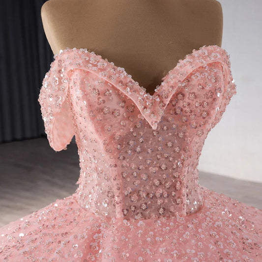 Princess Pink Sequins Off Shoulder Evening Prom Dresses 241077