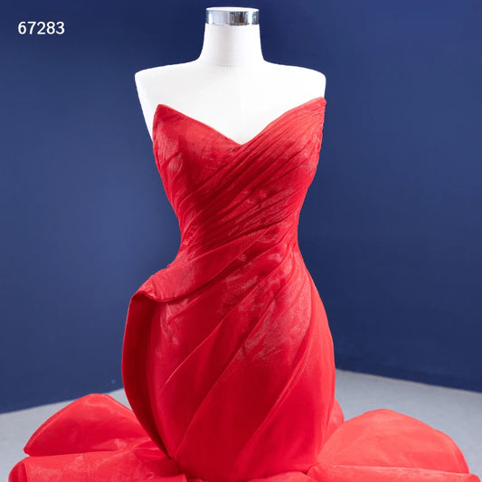 Strapless Red Mermaid Wedding Dresses Ruffled Rosette Pageant Gown 67283
