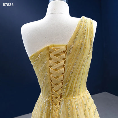 One Shoulder Yellow Prom Beaded Pageant Gown Formal Dresses 67535