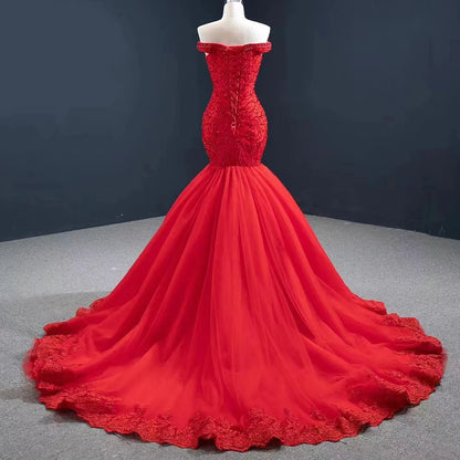 Btydress Red Beaded Lace Red Off Shoulder Mermaid Evening Party Dresses 67150