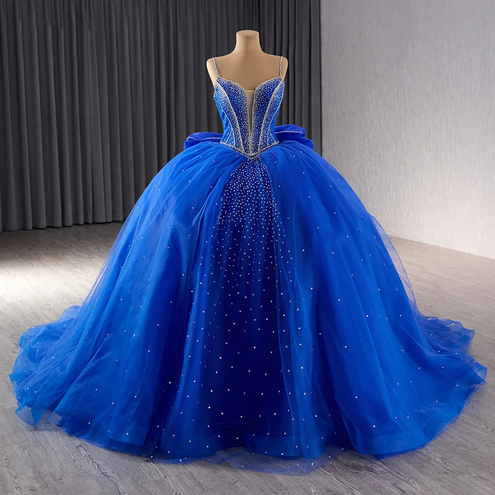 Crystal Spaghetti Strap Royal Blue Empire Quinceanera Gowns