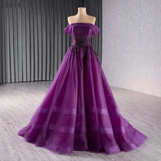 Elegant Purple Off Shoulder A-line Evening Formal Beaded Dresses