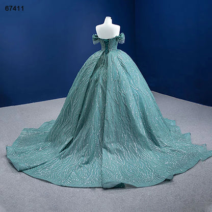 Btydress Luxury Green Long Train V-neck Off the Shoulder Evening Dresses 67411