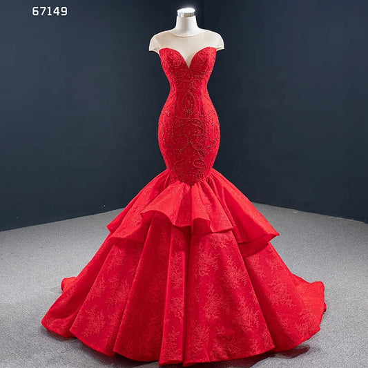 Illusion Shoulder Red Mermaid Wedding Dresses Beaded Prom Dress 67149