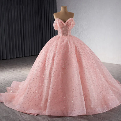 Princess Pink Sequins Off Shoulder Evening Prom Dresses 241077