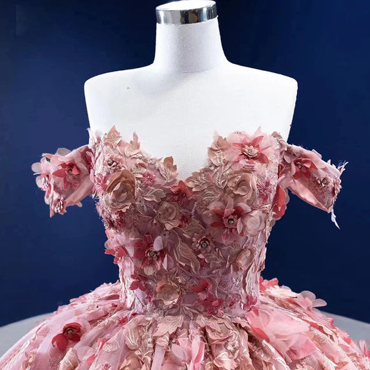 Btydress Off Shoulder Elegant Flower Fashion  Pink Party Evening Ball Gown Dresses 67469