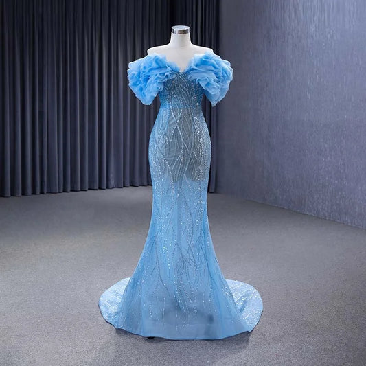 Btydress Chic Elegant Off the Shoulder Blue Mermaids Evening Party Dress 222172