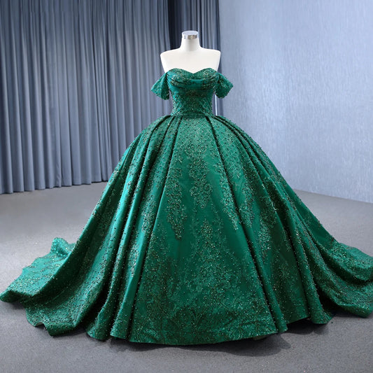 Embroidery Green Off Shoulder Ball Gown Evening Party Formal Dresses 231147