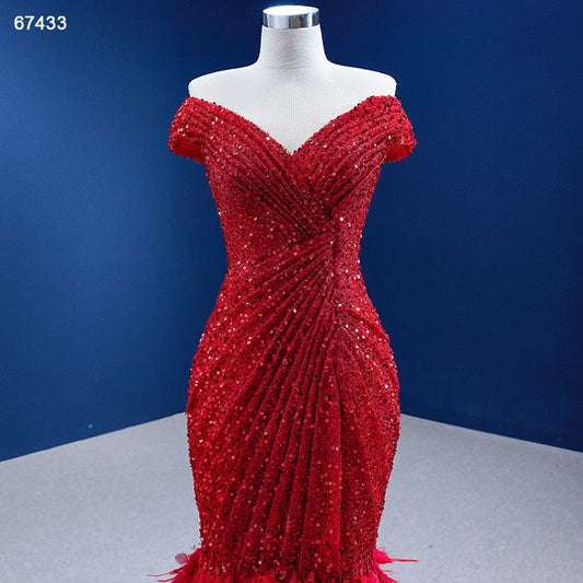Sparkly Red Feather Formal Gown Sequin Prom Pageant Dress 67433