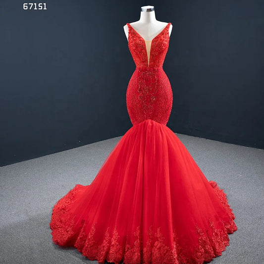 Beaded Red Mermaid Prom Dresses Plunging V-neck Formal Dress 67151