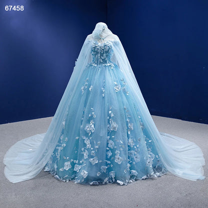 Baby Blue Flower Quince Dresses Princess Ball Gown with Cape 67458