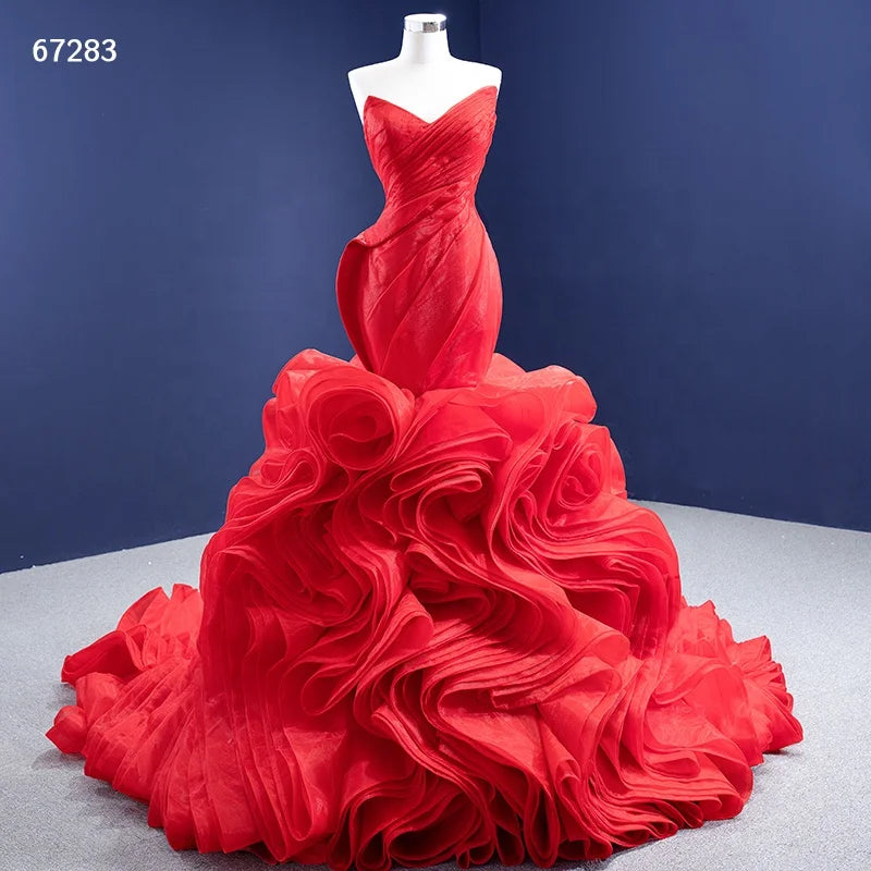 Strapless Red Mermaid Wedding Dresses Ruffled Rosette Pageant Gown 67283