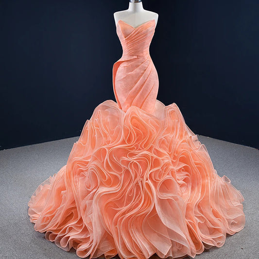 Peach Rosette Trumpet Wedding Dresses Strapless Pageant Gown 67212