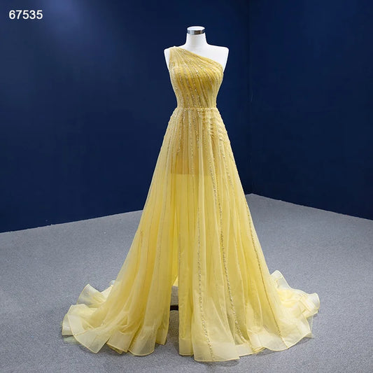 One Shoulder Yellow Prom Beaded Pageant Gown Formal Dresses 67535
