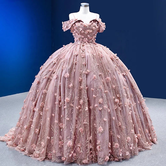 Luxury Off Shoulder 3d Flower Puffy Quinceanera Party Wonen's Dresses 222161