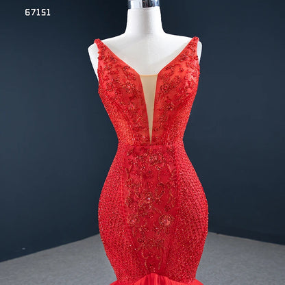 Beaded Red Mermaid Prom Dresses Plunging V-neck Formal Dress 67151