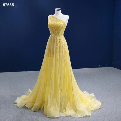 One Shoulder Yellow Prom Beaded Pageant Gown Formal Dresses 67535