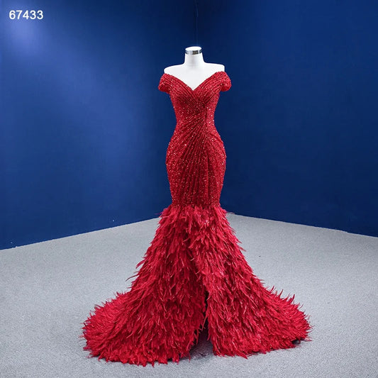 Sparkly Red Feather Formal Gown Sequin Prom Pageant Dress 67433
