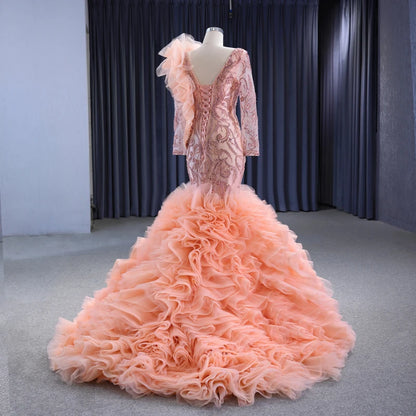 Btydress Light Orange Deep-V Ruffle Long Sleeve Sequins Evening Party Mermaid Gowns Dresses 222146