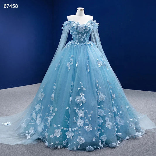 Baby Blue Flower Quince Dresses Princess Ball Gown with Cape 67458