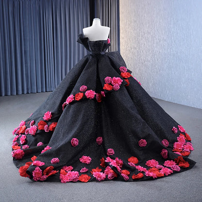 Btydress Black Luxury Sleeveless Flower Ball Women's Quinceanera Dress 67547
