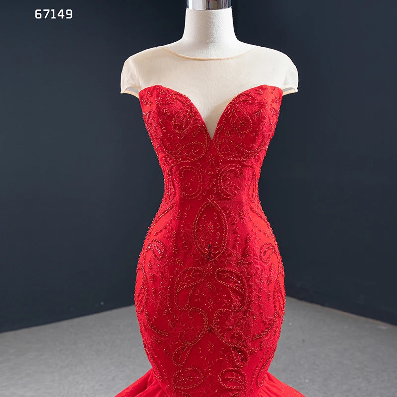 Illusion Shoulder Red Mermaid Wedding Dresses Beaded Prom Dress 67149
