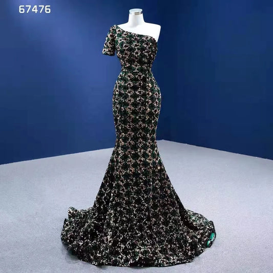 Green Sequin Mermaid Prom Dress One Shoulder Sleeve Evening Dress 67476