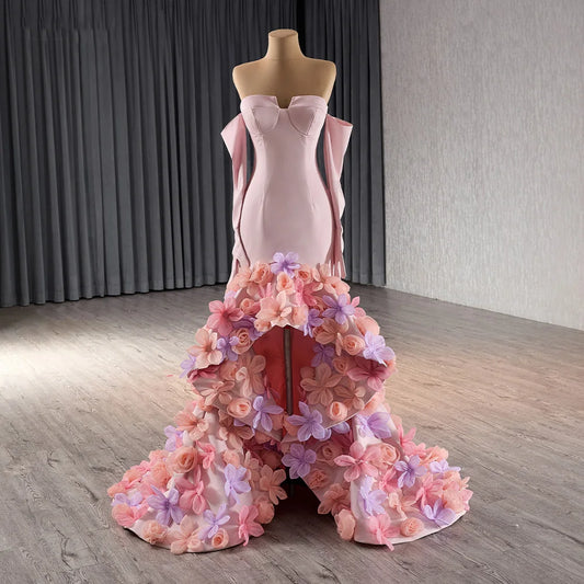 Chic Pink Handmade 3d Flower Mermaid Evening Party Gowns