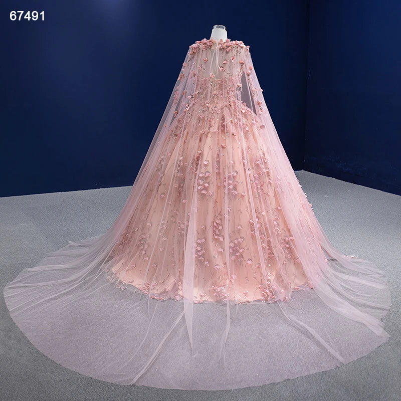 3D Flower Pink Sweet 16 Dress with Cape Vintage Ball Gown 67491
