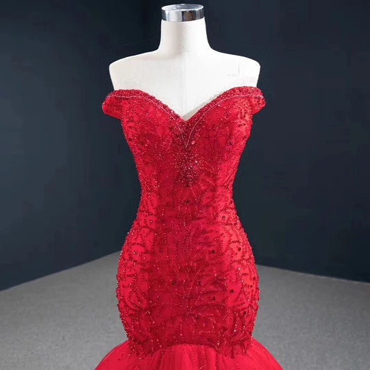 Btydress Red Beaded Lace Red Off Shoulder Mermaid Evening Party Dresses 67150