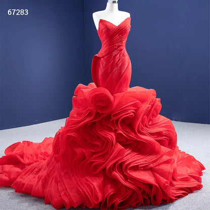 Strapless Red Mermaid Wedding Dresses Ruffled Rosette Pageant Gown 67283