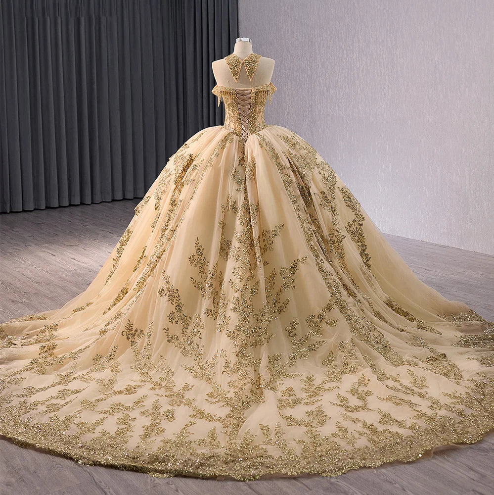 Luxury Golden Lace Long Tail Quinceanera Party Prom Dresses