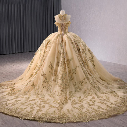 Luxury Golden Lace Long Tail Quinceanera Party Prom Dresses