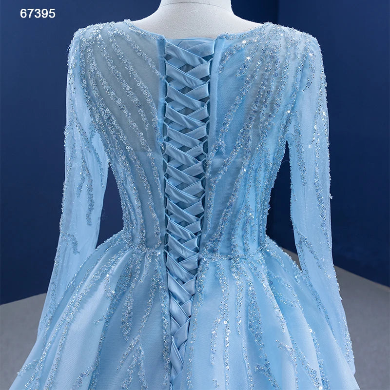Btydress Beaded Baby Blue A-line Prom Dresses with Sleeves 67395