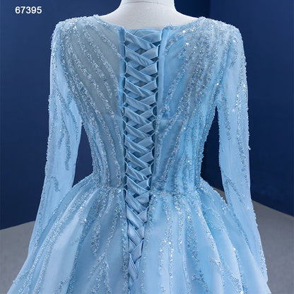 Btydress Beaded Baby Blue A-line Prom Dresses with Sleeves 67395