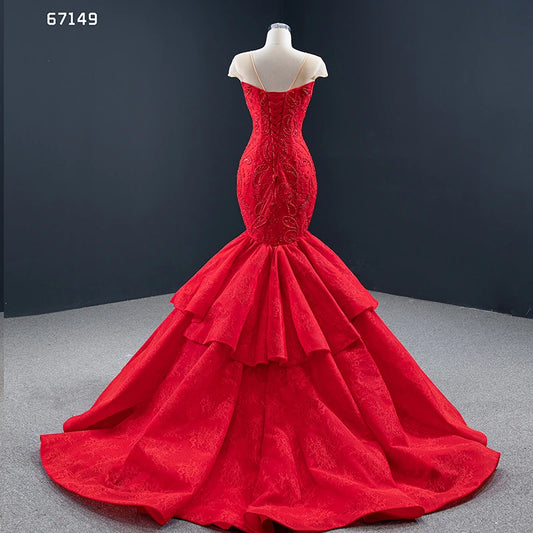 Illusion Shoulder Red Mermaid Wedding Dresses Beaded Prom Dress 67149